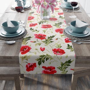 Linen Poppy Table Runner | Classic Poppy Flower Vintage Home Décor | House warming Gift Decoration
