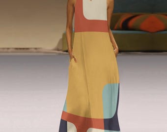 May include: A sleeveless maxi dress with a geometric pattern in shades of white, red, yellow, blue, and black. The dress has a v-neck and pockets on the sides.