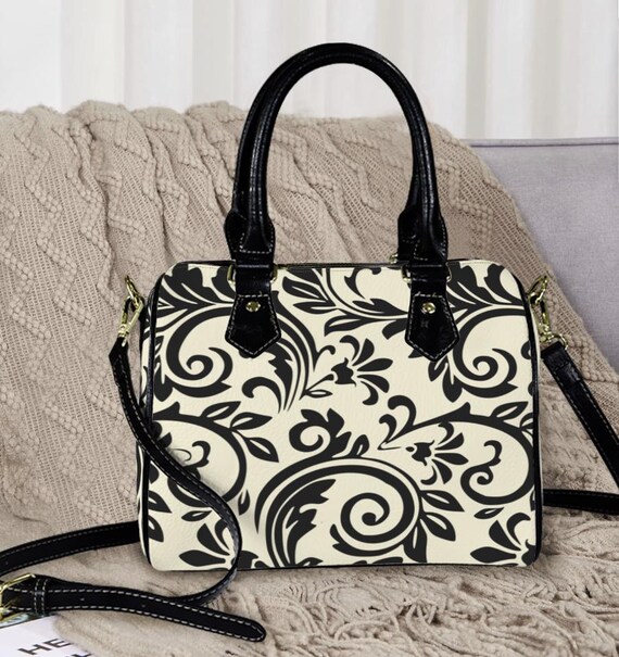 Fleur De Lis Bag- Vintage Vegan Leather Printed Top Handle Barrel