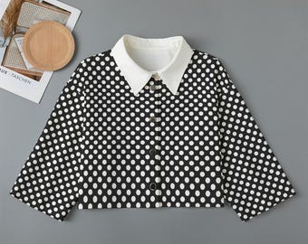 Black White Polka Dot Cropped Jacket- Vintage Retro Mid Century Short Jacket- 1970s 1960s Ladies MCM Suit Jacket