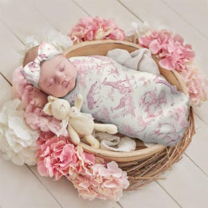 Pink Chinoiserie Baby Swaddling Set® - DJM Couture Safari Baby Swaddling Blanket and Bow® - Toile Safari Baby Goods® - Newborn Baby Gift