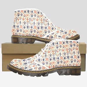 Botanical Floral Vegan Boots~ Boho Country Floral Boots~Wildflowers Print Lace Up Boots~ White Floral Boots~Hermes Faux Leather Combat Boots