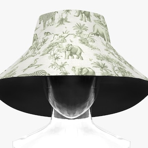 Toile De Jouy Hat, Green Toile De Jouy Safari Wide Brim Bucket Hat,