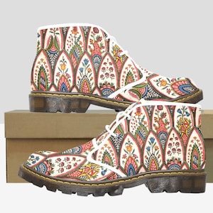 Botanical Floral Vegan Boots~ Boho Country Floral Boots~Wildflowers Print Lace Up Boots~ White Floral Boots~Faux Leather Combat Boots