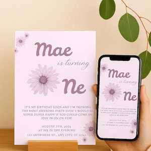 Bewerkbare verjaardagsuitnodiging met paarse madeliefjes voor meisjes – inclusief mobiel en 5x7 inch-formaat – digitale uitnodigingssjabloon met bloemenprint – direct downloaden