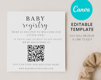 Baby Registry Card Template Editable | QR Code Baby Registry Insert | Baby Shower Invitation Insert | Canva Template | Minimal baby shower