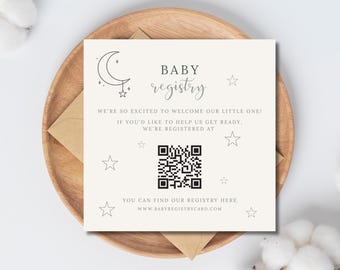 Baby Registry Card with QR Code | Moon & Stars Baby Registry | Editable Canva Template | Gender Neutral Baby Shower Insert