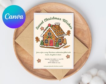 May include: A festive invitation with a gingerbread house illustration, the text "Sweet Christmas Wishes", and event details. The invitation is on a cream background, inside a brown envelope, and placed on a wooden plate.