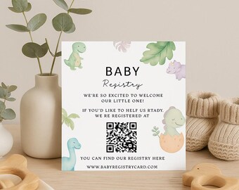 Editable Dino Baby Shower Registry Card Canva Template | Printable Baby Registry QR Code Insert | Adorable Neutral Baby Design