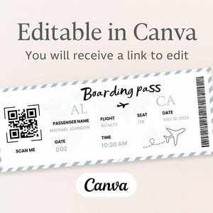 Könnte beinhalten: Eine weiße Bordkarten-Vorlage mit hellblauem Rand, mit dem Text "Boarding pass" und Flugdetails. Enthält einen QR-Code, eine kleine Flugzeuggrafik und das Canva-Logo.