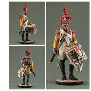 Painted tin soldier figurine Size 54 mm, scale 1/32 Military-historical miniature. Napoleonic wars, Drummer, grenadier company France, 1808.