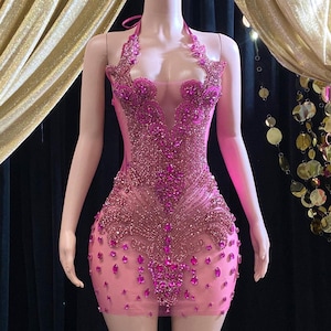 Magenta Red Rhinestone Birthday Dress Hand Crafted Haute Couture Appliqué With Crystal Embellished Bodice - Perfect for Special Occasions