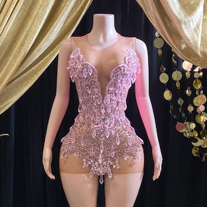 Pink Rhinestone Appliqué Beaded Dress Sparkly Dance Costume Festival Outfit Burlesque Bodysuit Cabaret Attire Performance Wear Party Dress