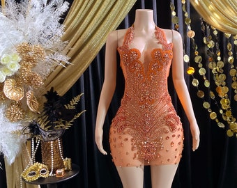 Orange Luxe Halter Birthday Dress Rhinestone Appliqué Prom Evening Dress - Crystal Beaded Handcrafted Couture Gown - Tulle and Mesh Fabric