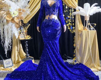 Diamond Royal Blue Rhinestone Applique Evening Dress Handmade Couture Gown  Crystals Birthday Prom Full Length Dress Mesh Fabric Formal Gown