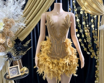Luxury Gold Feather Rhinestone Appliqué Evening Dress