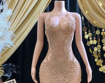Rose Gold Crystal Rhinestone Birthday Dress Handmade Gown Haute Couture Applique Embellished Bodice Special Occasions Formal Unique Gift