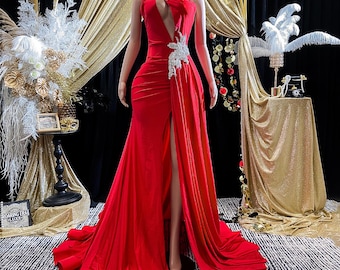 red birthday dinner dress Black red v neck evening dress carnival birthday party host singers  performance long dress Sexy mesh long-sleeved ball gown dress