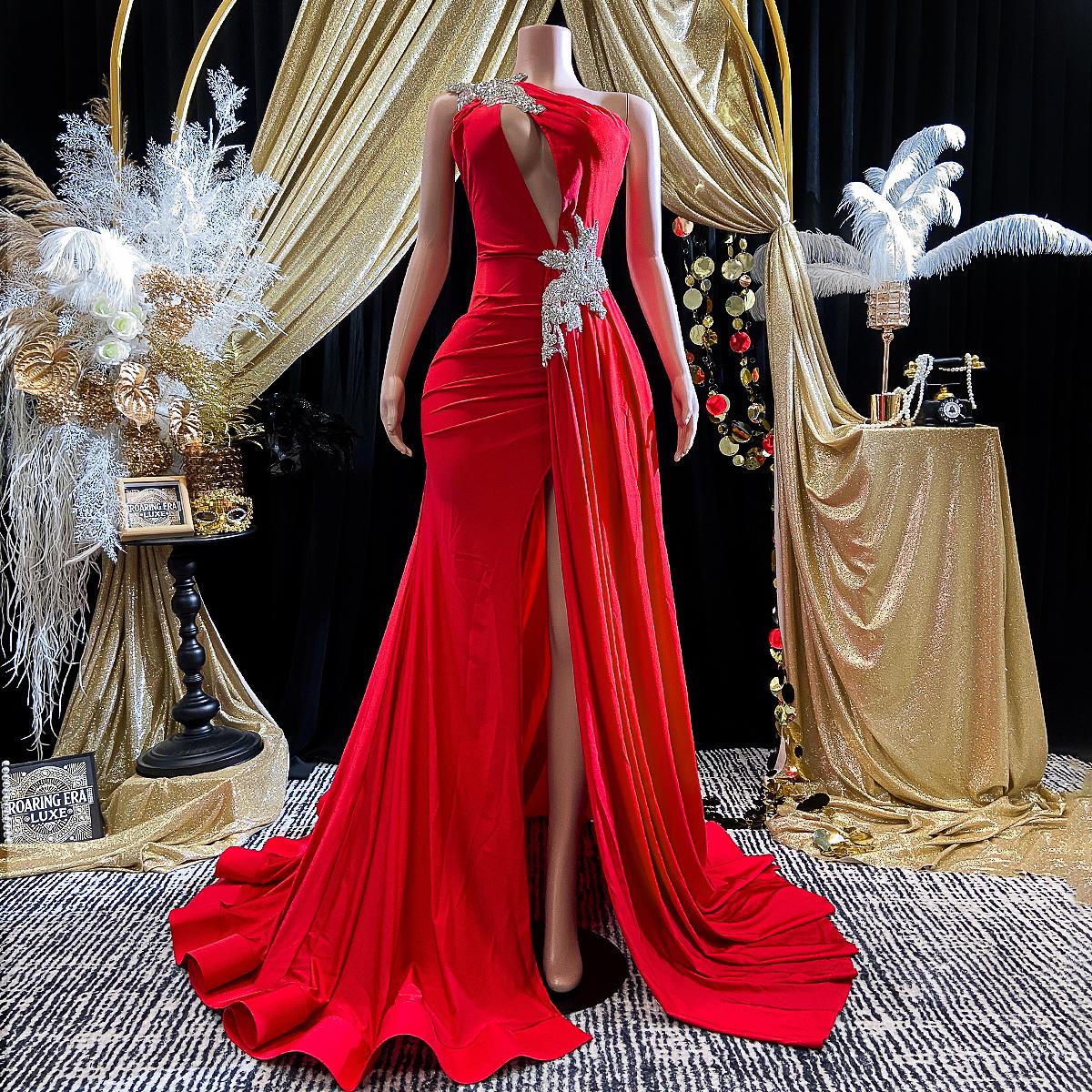 rhinestone prom dress red Red Rhinestone Sequin Feather Slit Mermaid Prom Dress