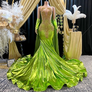 puffy lime green prom dress Free Shipping Stunning Mermaid Fluorescent Green Sequins Prom Dresses with Slit VK22041301 Vickidress
