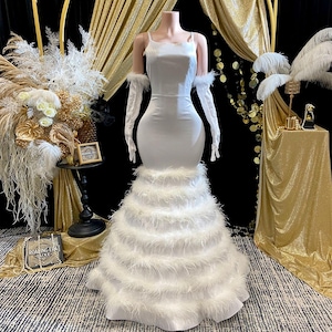 White Feather Mermaid Evening Gown Sleeveless Spaghetti Strap Long Prom Dress 1920s Great Gatsby Inspired Formal Birthday Couture Maxi Dress
