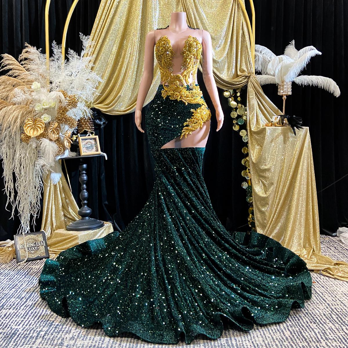 sachin and babi light blue dress Gold Sequin Mermaid Prom Dress One Shoulder 3D Floral Ruched Waist High Slit main image 0