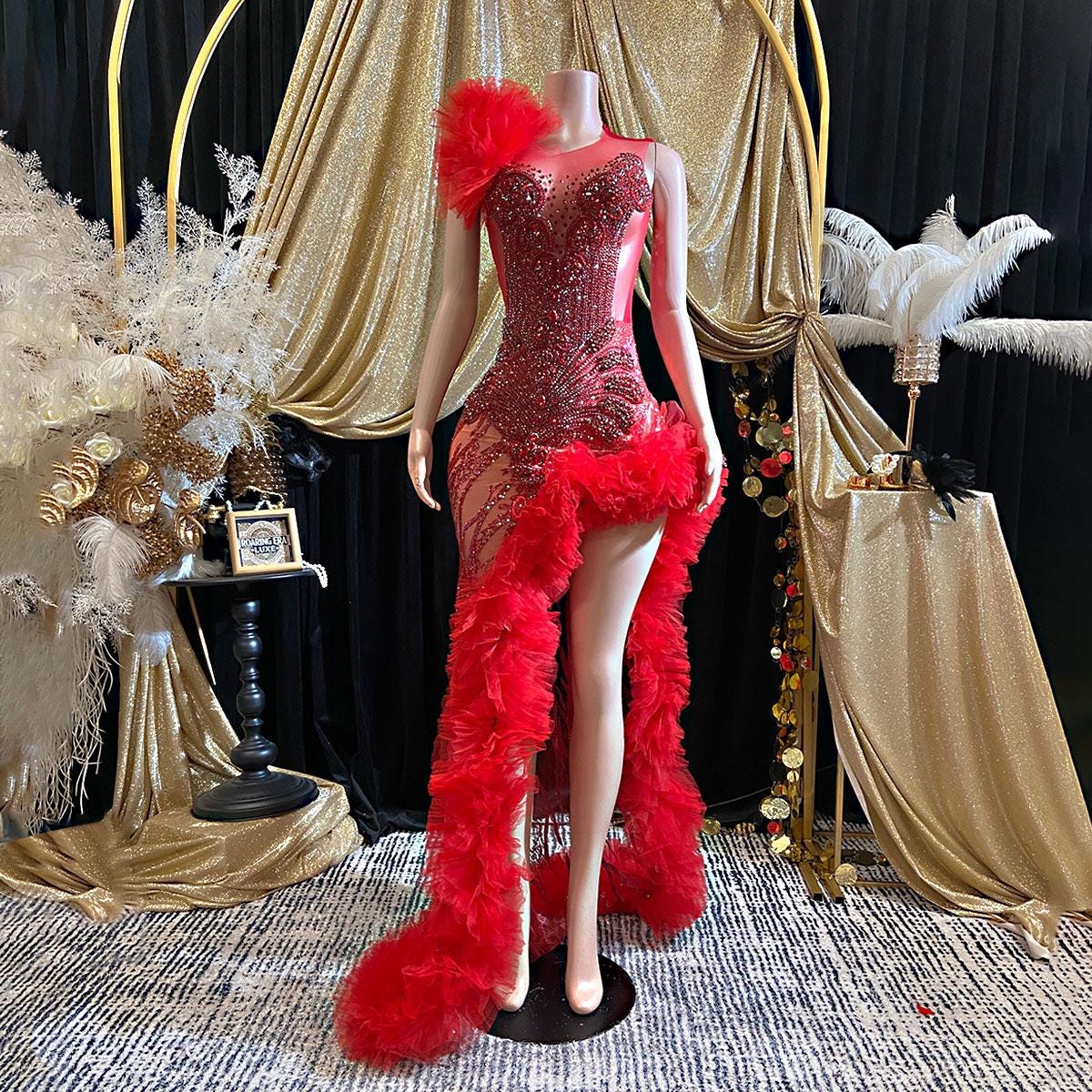 red and gold corset dress Brilliance drop Shiny red dress main image 1