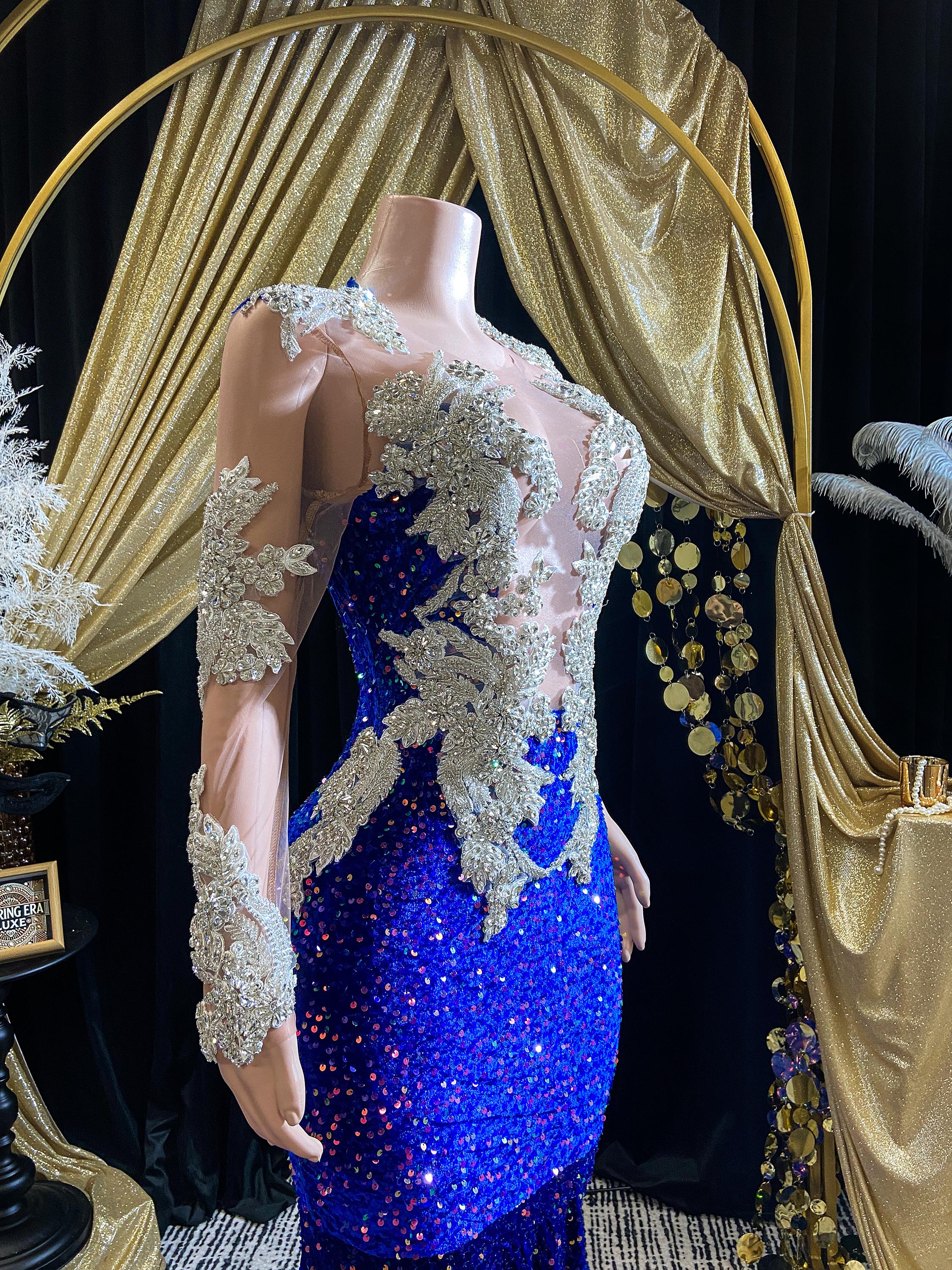 Royal Blue Rhinestone Applique Evening Dress, Handmade Couture Gown With Crystals, Full-length Formal Prom or Birthday Dress, Mesh Fabric - Etsy Royal Blue Rhinestone Applique Evening Dress, Handmade Couture Gown With Crystals, Full-length Formal Prom or Birthday Dress, Mesh Fabric - Etsy