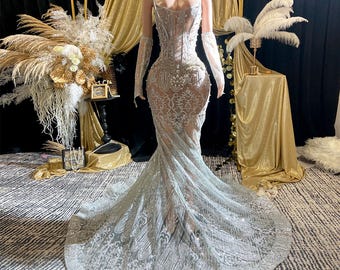 Vestido de noche de sirena de lujo con diamantes de imitación plateados, vestido de fiesta de alta costura con cristales, vestido de baile formal de cumpleaños, vestido de fiesta con mangas brillantes para alfombra roja
