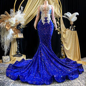 gold and blue sequin dress Royal blue velvet sequins mixed with gold sequins prom dress