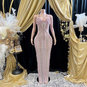 Elegant Pink Rhinestone Evening Gown, Handmade Sparkling Formal Dress, Bodycon Sheath Design, Glamorous Prom Dress, Luxury Party Outfit