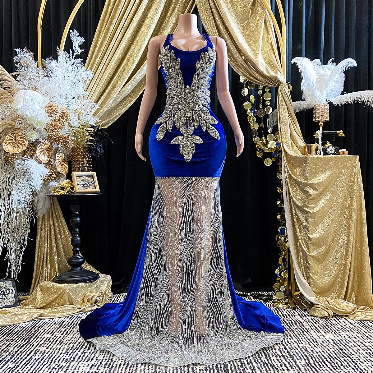 Diamond Royal Blue Rhinestone Gown Applique Evening Dress Couture Crystals Birthday Party Prom Full Length Dress Mesh Fabric Formal Gown Diamond Royal Blue Rhinestone Gown Applique Evening Dress Couture Crystals Birthday Party Prom Full Length Dress Mesh Fabric Formal Gown