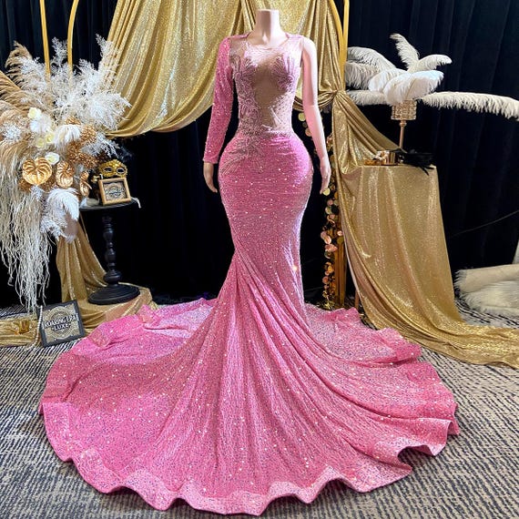 pink and gold dress illusion Sequin Mermaid Prom Luxury Beaded Evening Gown One Sleeve Pageant Formal Dress blue and black or white and gold dress illusion