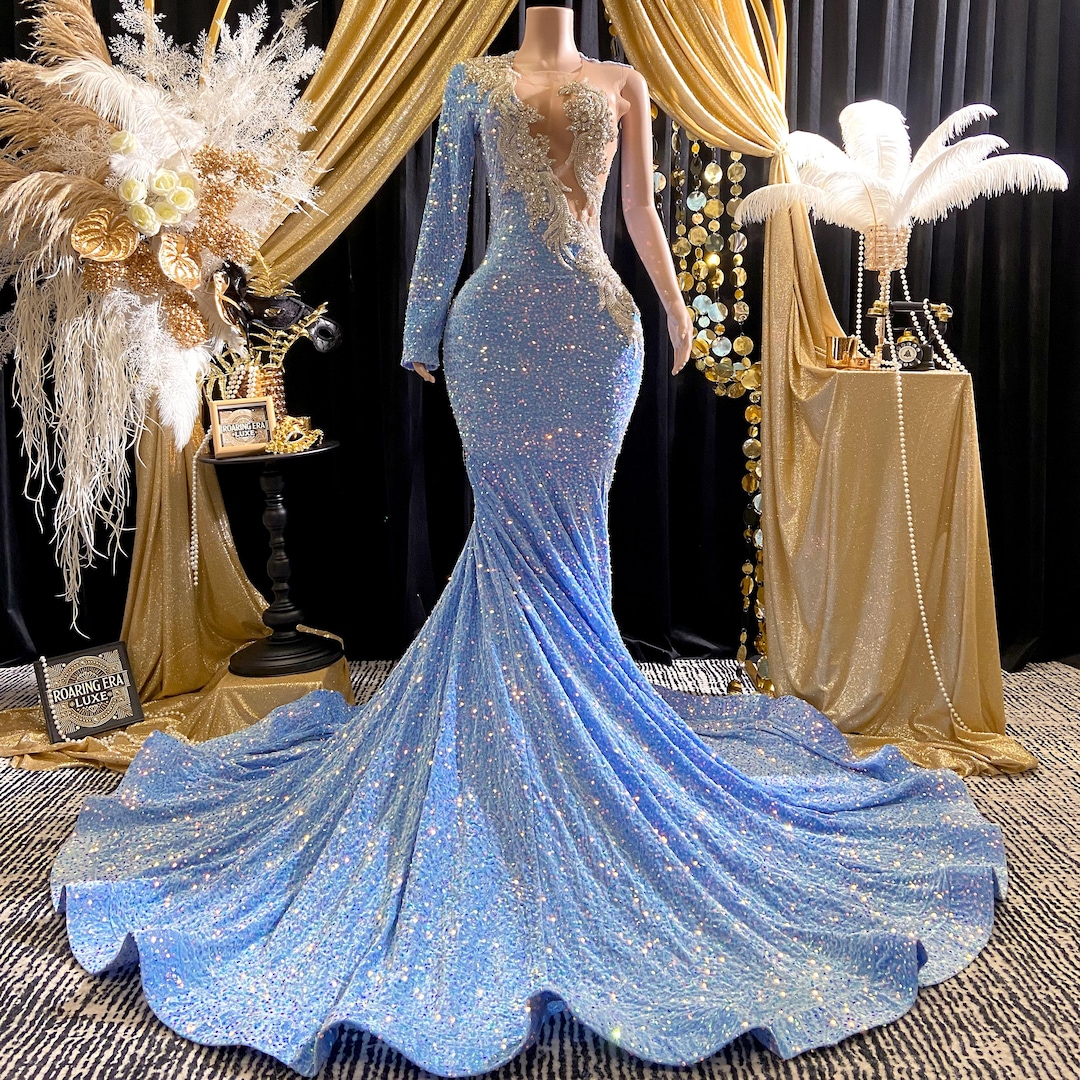 Sky Blue Rhinestone Applique Evening Dress Handmade Couture Gown Crystals  Birthday Prom Full Dress Mesh Fabric Formal for Elegant Events