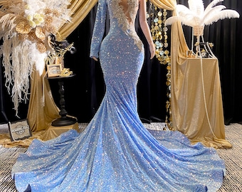 Vestido de noche azul cielo con apliques de diamantes de imitación, hecho a mano, de alta costura, con cristales, para cumpleaños, graduación, vestido completo, de tela de malla, formal para eventos elegantes.