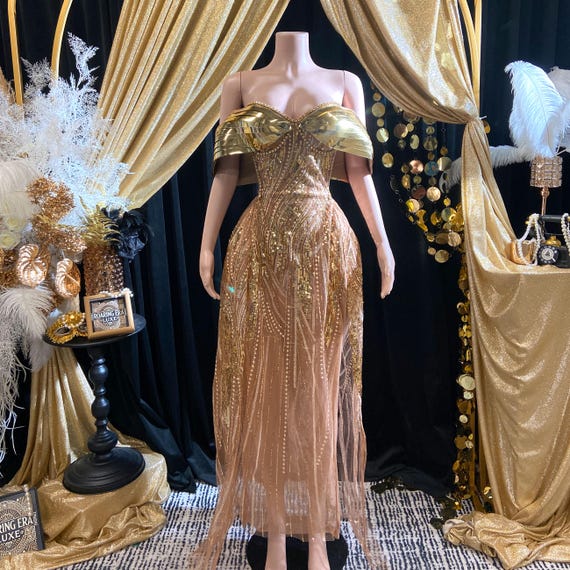 gold metallic sheer dress Sequin Performance Gown, Off Shoulder Evening Birthday Glamorous Stage Costume, Luxury Beaded Prom Dress, Sparkly Showgirl Outfit ultra sheer clothing