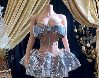 Metallic Silver Mirror Panel Bodycon Stage Performance Outfit Dress, Rhinestone Embellished Bodice, Party Evening Gown Gift Disco Glam