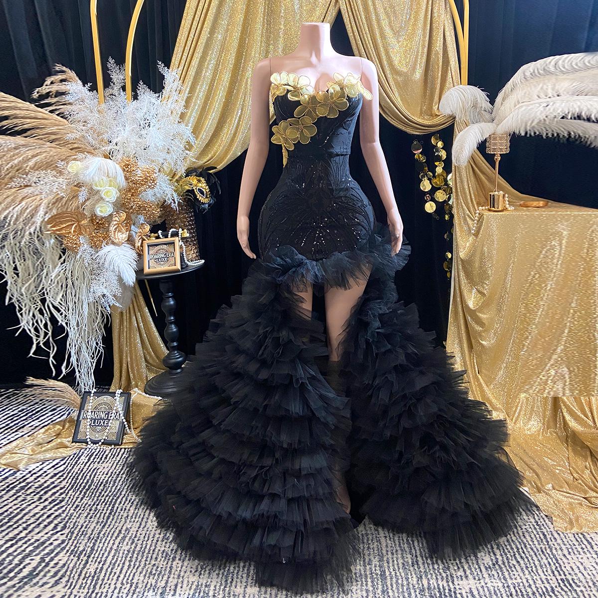 Black Gold Floral Mermaid Gown Luxury Couture Evening Dress Sequin  Strapless Prom Outfit Dramatic Ruffle Tulle Train Gala Red Carpet Dress -  Etsy New Zealand