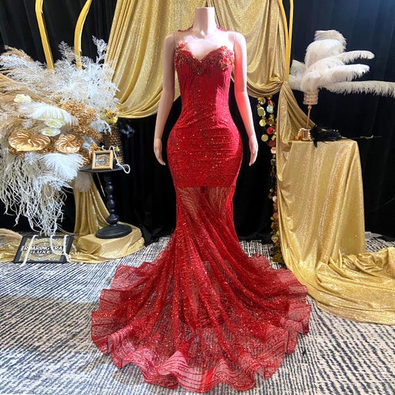 Red Rhinestone Mermaid Prom Dress Sequin Corset Gown Illusion Neckline Long Train Formal Evening Pageant Birthday Gala Party Dress