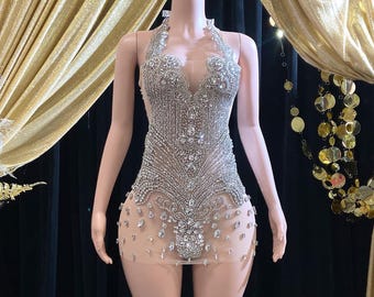 Luxury Silver Rhinestone Crystal Mini Party Dress – Handmade Mesh Beaded Halter Dress for Birthday Party, Stage, or Special Events