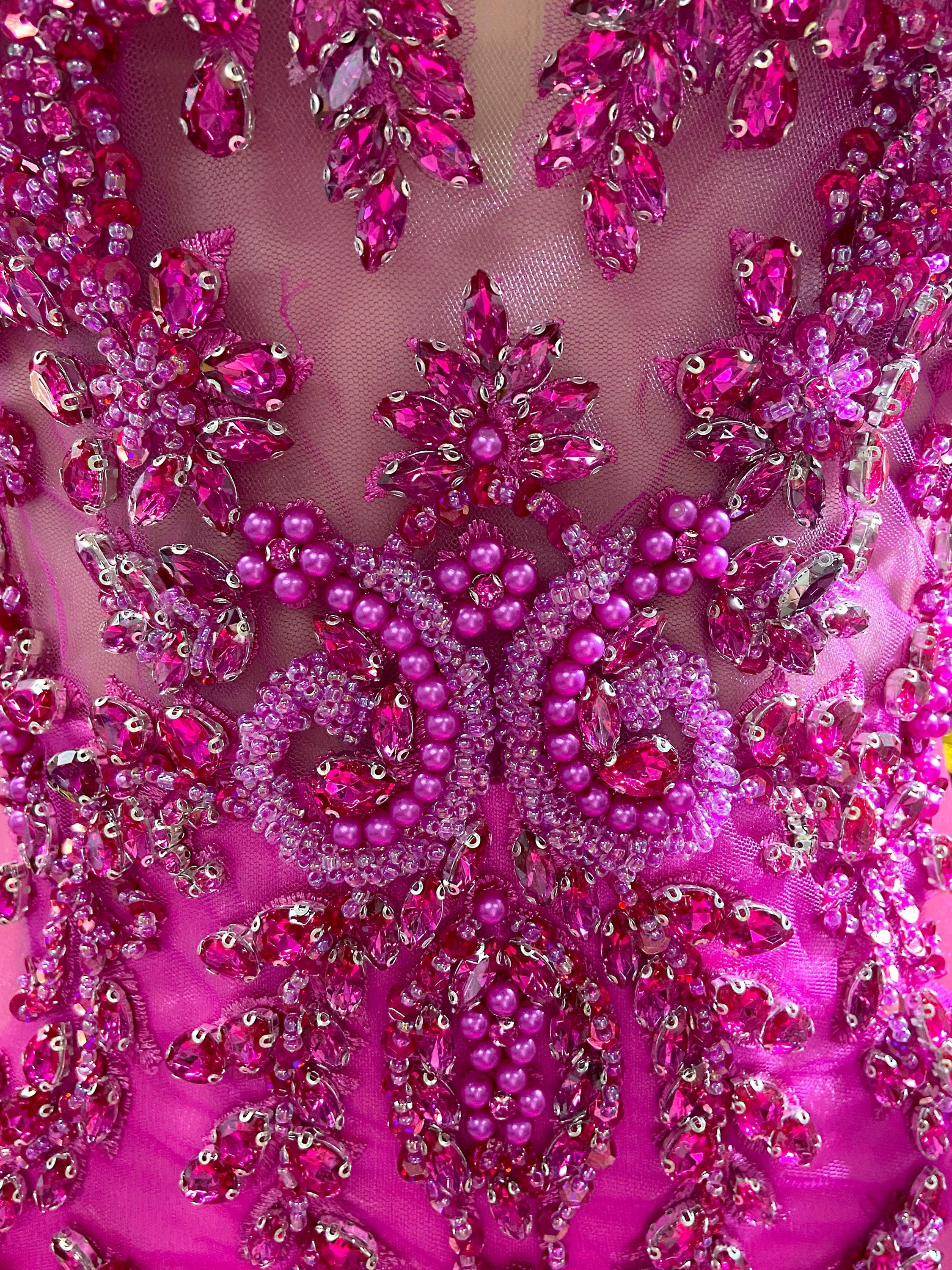 Hot Pink Magenta Rhinestone Birthday Dress - Hand Crafted Haute Couture  Crystal Embellished Bodice - Perfect for Proms and Special Occasions