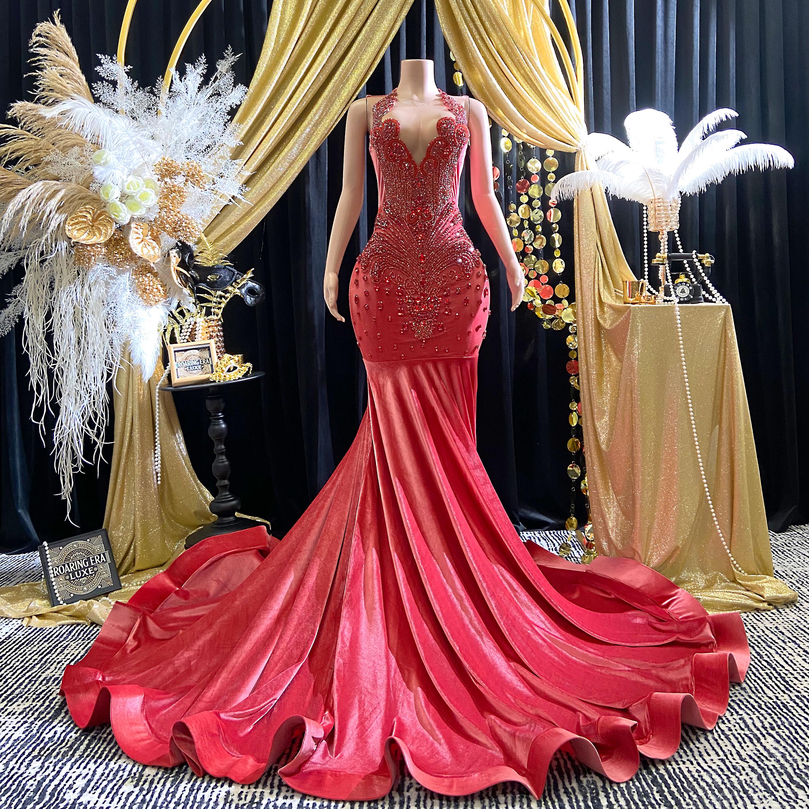 crimson and gold dress Sleeveless Metallic Embroidered Prom Dress with Slit Burgundy / Medium main image 1