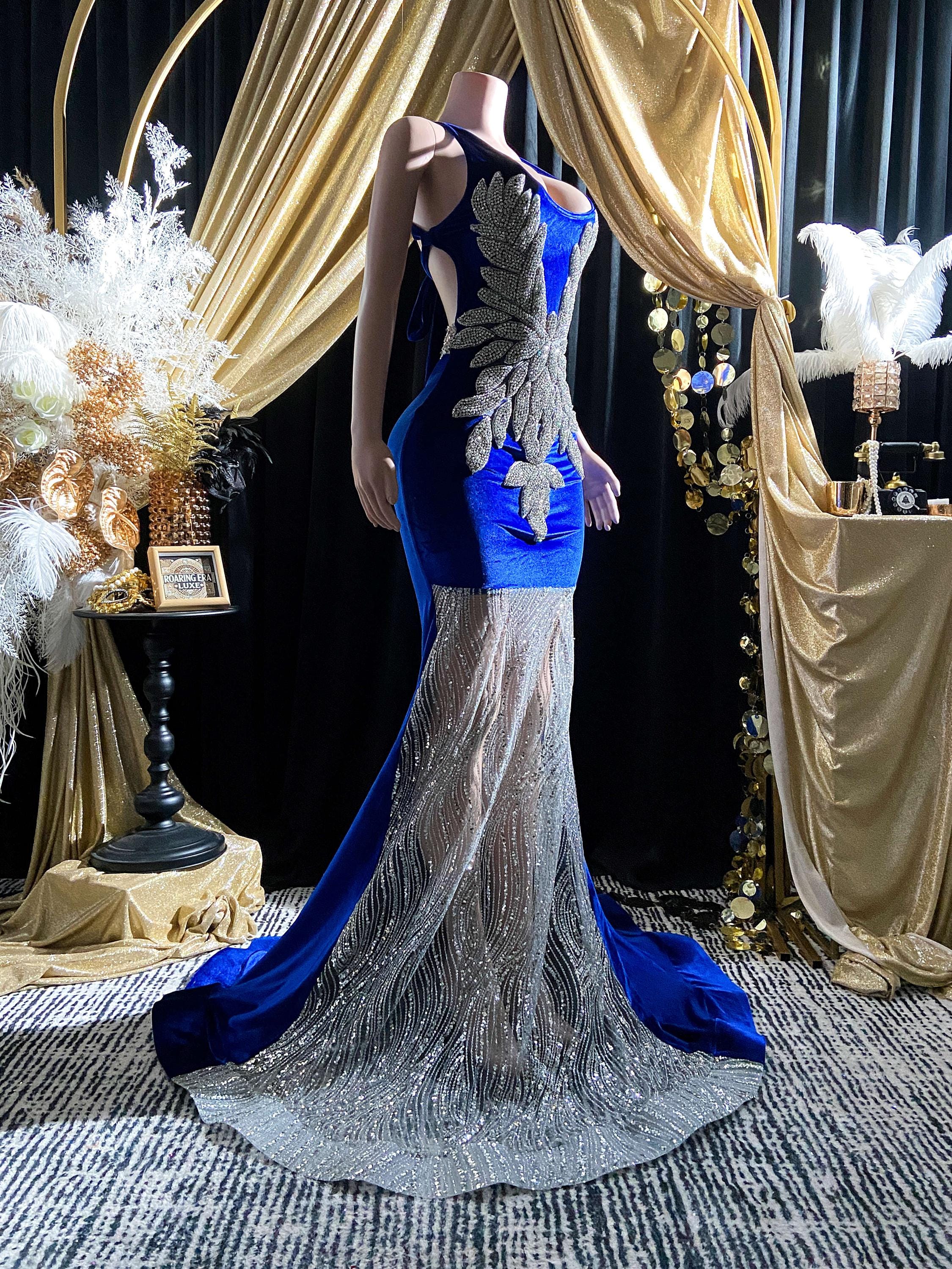 Diamond Royal Blue Rhinestone Gown Applique Evening Dress Couture Crystals Birthday Party Prom Full Length Dress Mesh Fabric Formal Gown Diamond Royal Blue Rhinestone Gown Applique Evening Dress Couture Crystals Birthday Party Prom Full Length Dress Mesh Fabric Formal Gown