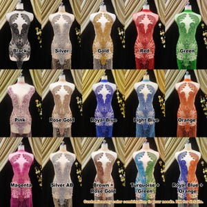 May include: A collection of beaded dresses in various colors, including black, silver, gold, red, green, pink, rose gold, royal blue, light blue, orange, magenta, silver AB, brown and rose gold, turquoise and green, and royal blue and orange. Each dress is displayed on a mannequin.