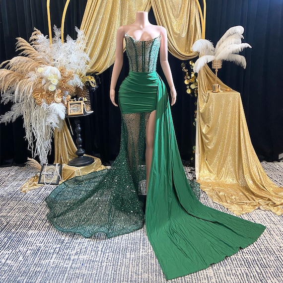 Luxury Green Rhinestone Applique Evening Gown Long Prom Dress Sequin Mesh  Corset Birthday Outfit Sparkly Gala Formal Couture Dress Bday Gift - Etsy  Ireland