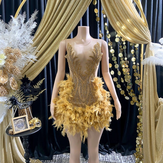 Luxury Gold Feather Rhinestone Appliqu Evening Dress - Handcrafted Couture  Gown Crystals - Birthday Prom Full Dress Tulle and Mesh Fabric - Etsy