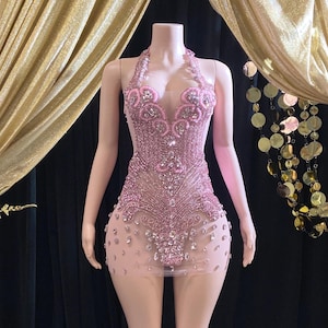 Pink Rhinestone Birthday Event Party Dress Hand Crafted Haute Couture Appliqué With Crystal Embellished Bodice Perfect for Special Occasions