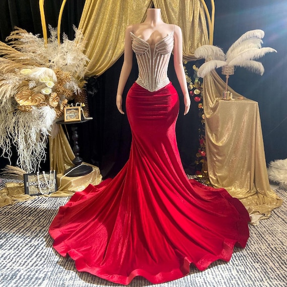red and gold mermaid dress Luxury Velvet Gown Rhinestone Corset Evening Couture Prom Formal Birthday Party Ball Gown Crystal Red Carpet Elegant Dress pattern_beadings