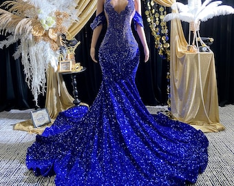slim fit dress slacks Royal Blue Tiered Sequin Lace Prom Dresses with Slit & Spaghetti Straps main image 1