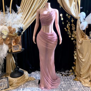 Pink Mesh See Through Gown Rhinestone Sparkly Prom Dress Women Birthday Club Party Outfit Sexy Sheer Bodycon Evening Formal Mermaid Dress